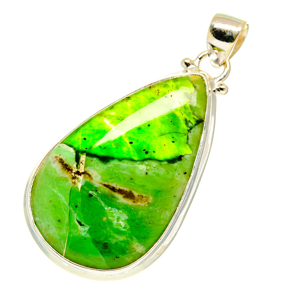 Green opal teardrop pendant in 925 sterling silver bezel with polished bail