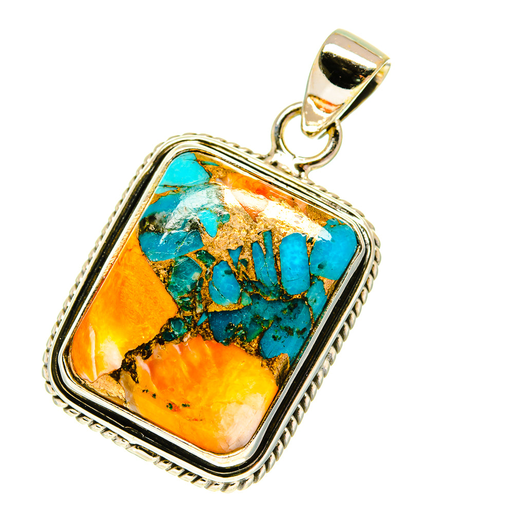 Sterling silver turquoise composite pendant with orange section, square bezel and bail