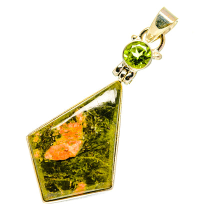 Sterling silver pendant with round peridot-green stone and large marbled unakite drop