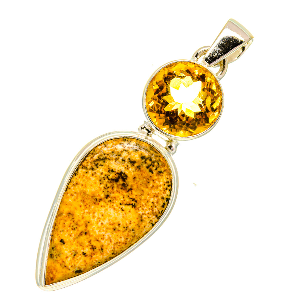 Sterling silver pendant with round yellow citrine and pear-shaped picture jasper stone