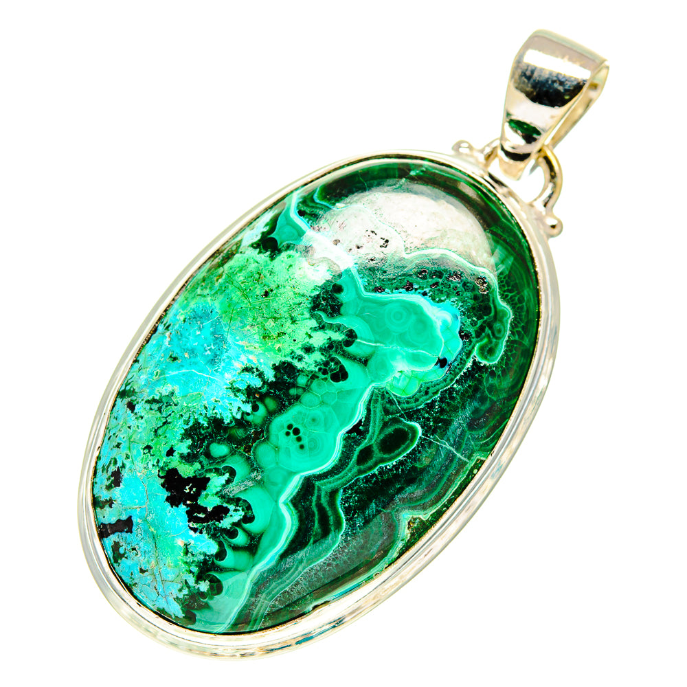 Malachite and chrysocolla oval pendant with gold-tone bail and silver edge
