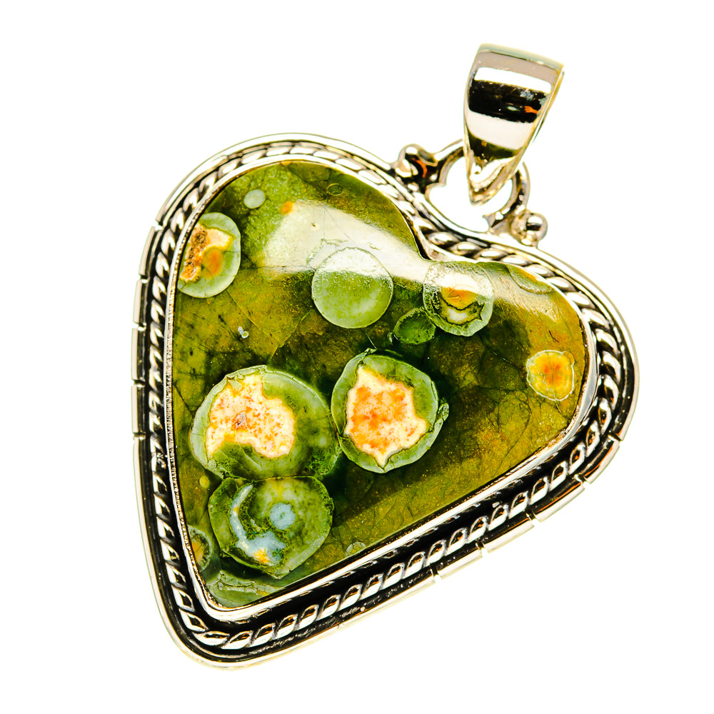 Green heart jasper pendant, 925 sterling silver frame with bail and rope edge