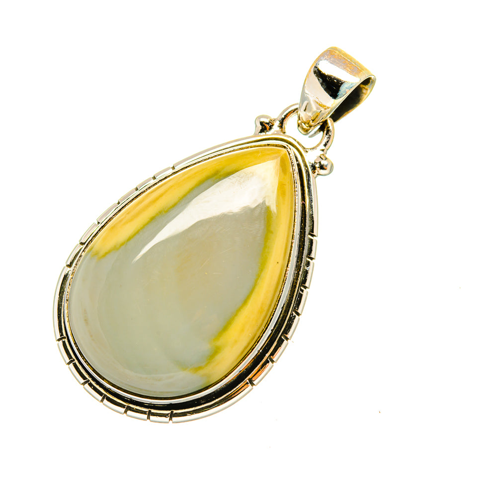 Jasper teardrop pendant in silver bezel with bail, pale yellow-green cabochon stone.