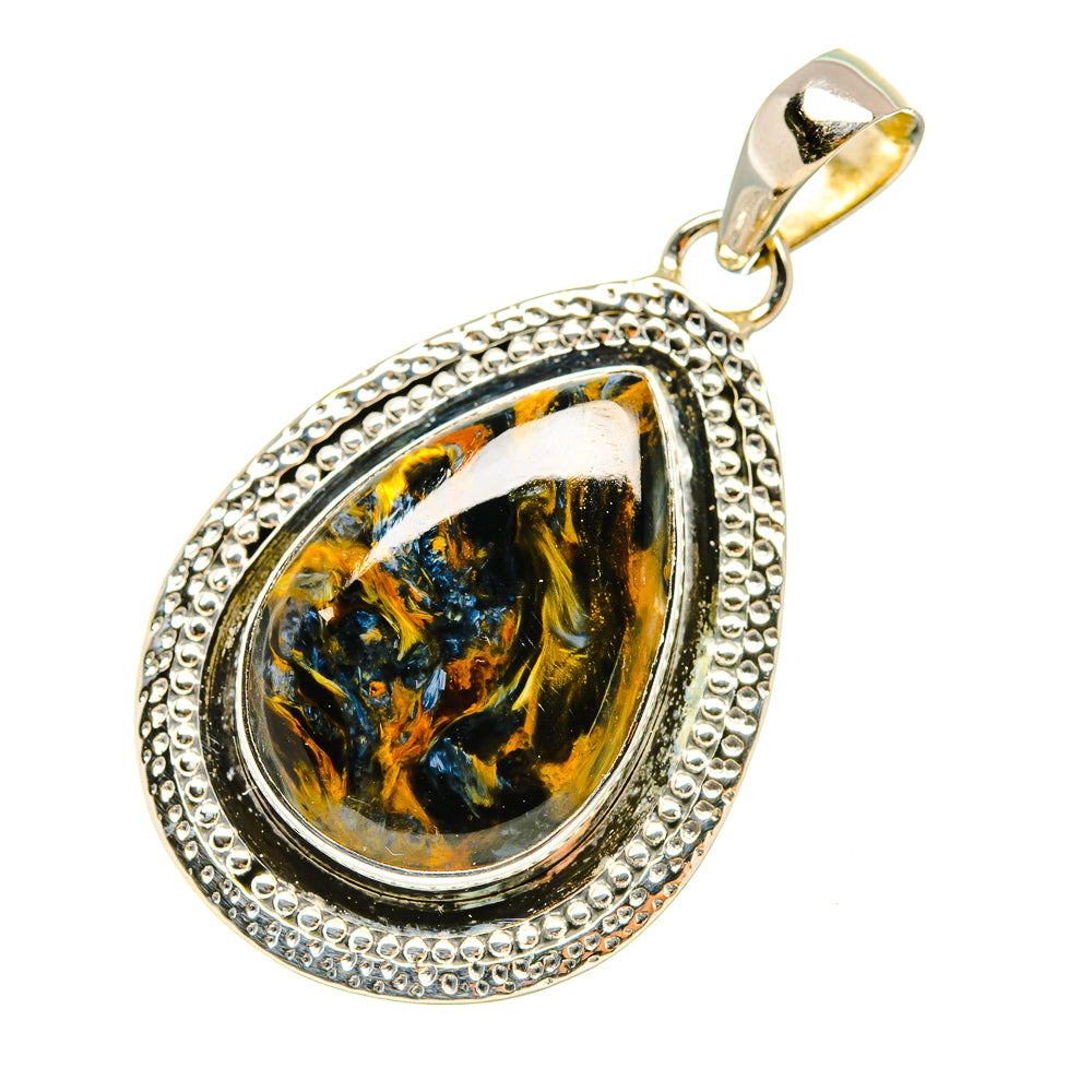 Teardrop pietersite pendant in polished 925 sterling silver bezel and textured frame