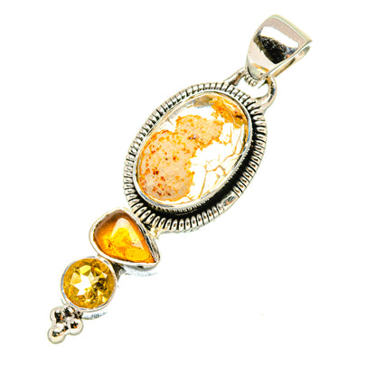 Sterling silver pendant with oval fire opal cabochon and citrine side stones, bail loop