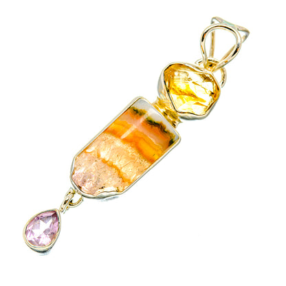 Sterling silver gemstone pendant with faceted yellow citrine, pink amethyst, and rectangular bar