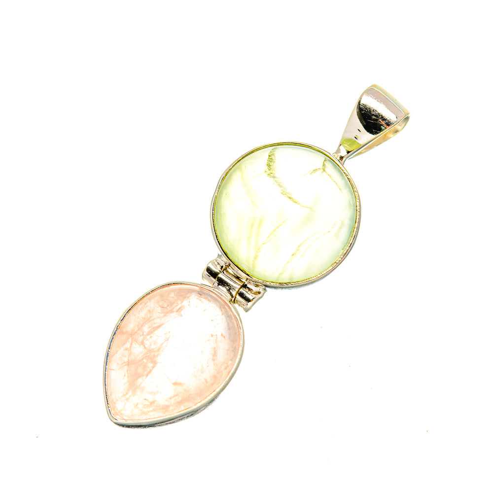 Two teardrop gemstone pendants with rose quartz pink and prehnite pale yellow-green in silver