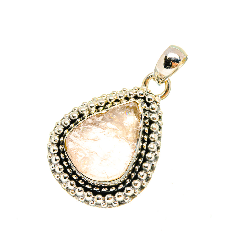 Pink rose quartz teardrop pendant with ornate silver frame and top bail, 925 sterling