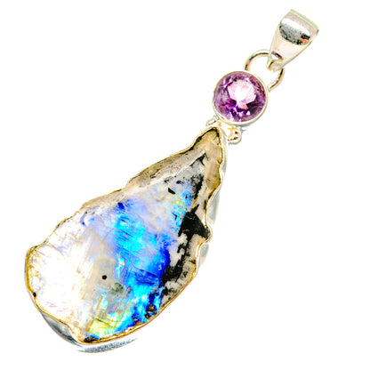 Amethyst and rainbow moonstone pendant with oval bail, rough teardrop moonstone in silver