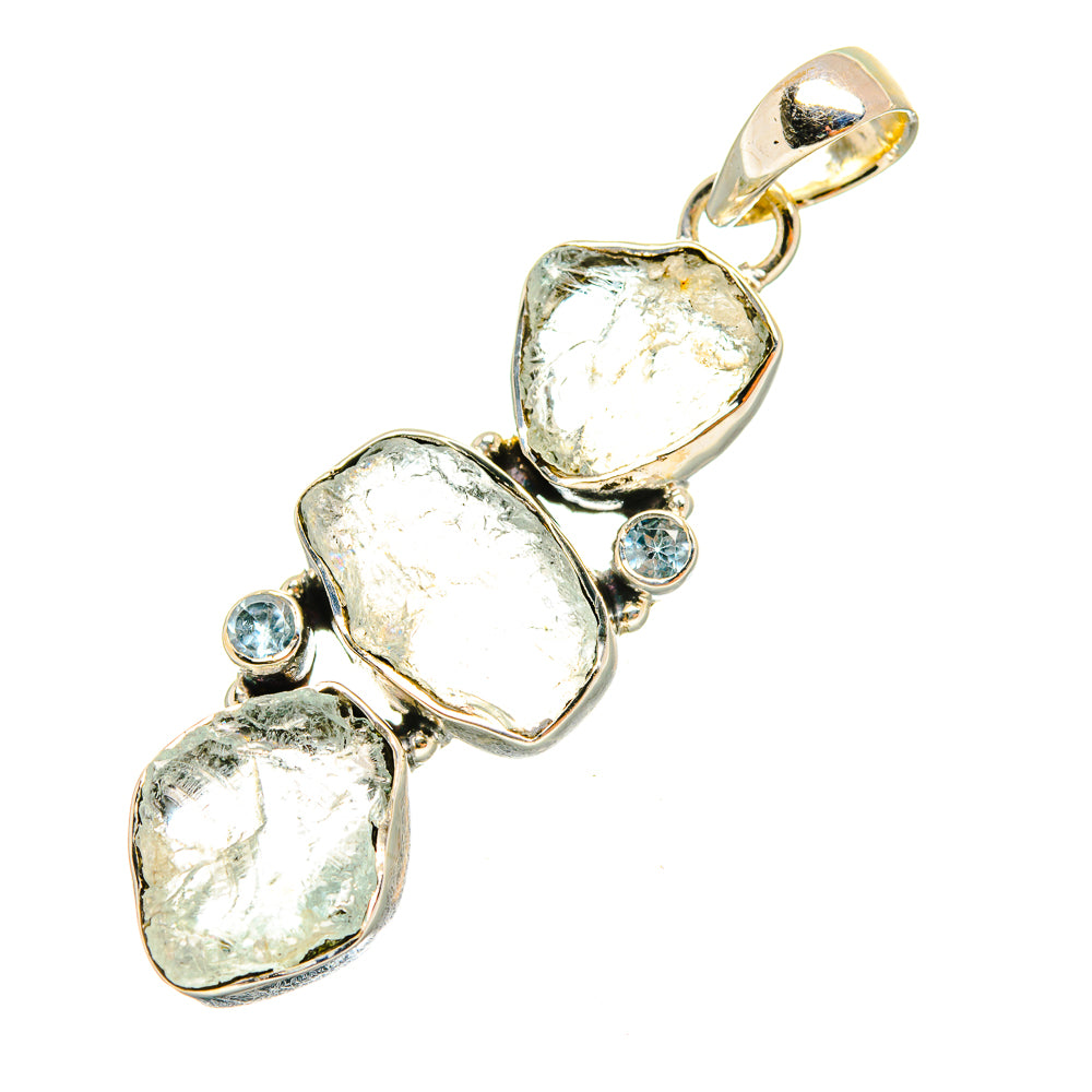 Rough aquamarine pendant in sterling silver with three rough stones and blue accents