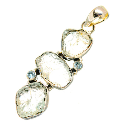 Rough aquamarine pendant in sterling silver with three rough stones and blue accents