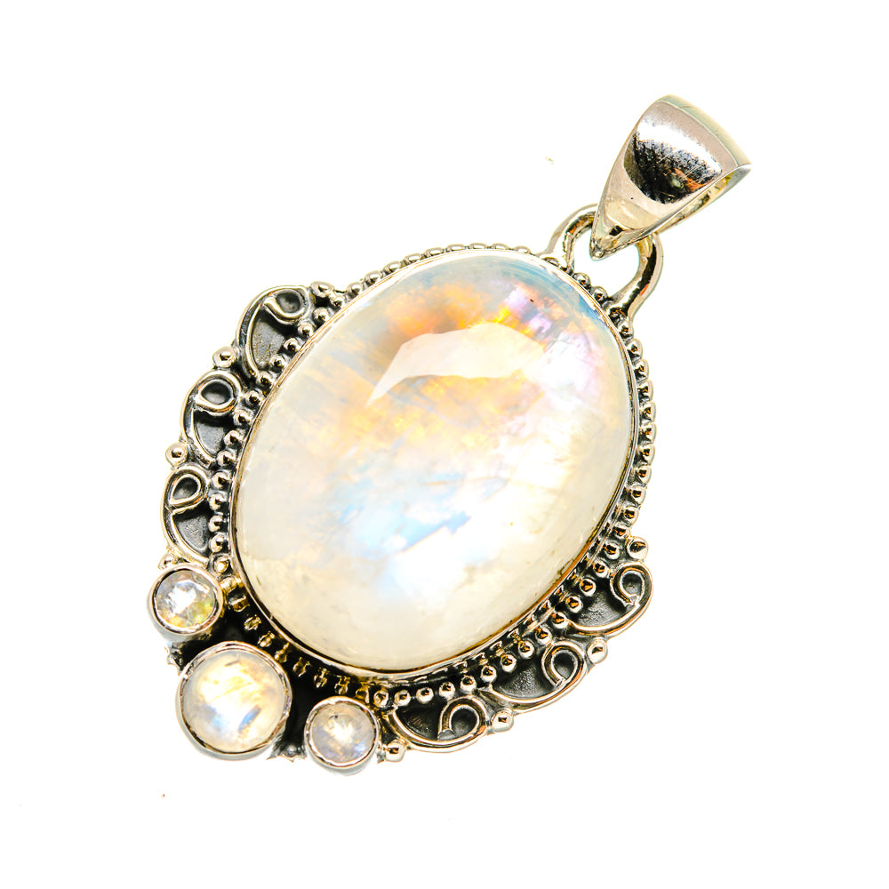 Rainbow moonstone pendant with oval stone, decorative silver frame, and bail on top