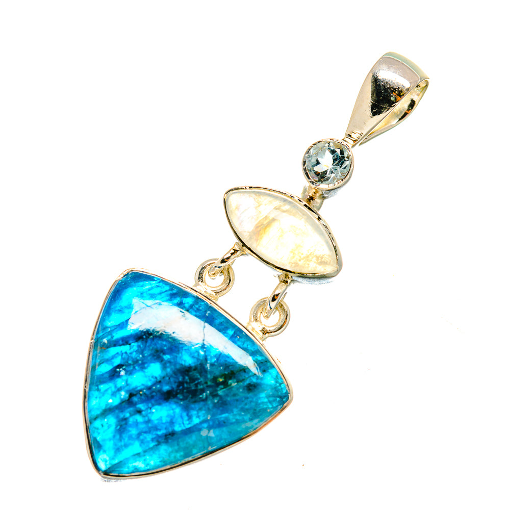 Sterling silver pendant with large blue triangular stone, opal oval, and small round blue gem