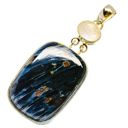 Pietersite and moonstone pendant with dark blue oval stone, gold setting, round moonstone