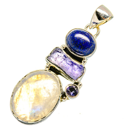 Sterling silver gemstone pendant with oval opal-like, blue lapis, purple rectangular stones