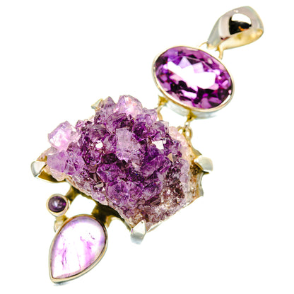 Amethyst crystal pendant with oval purple gemstone and faceted amethyst cluster, gold-tone setting