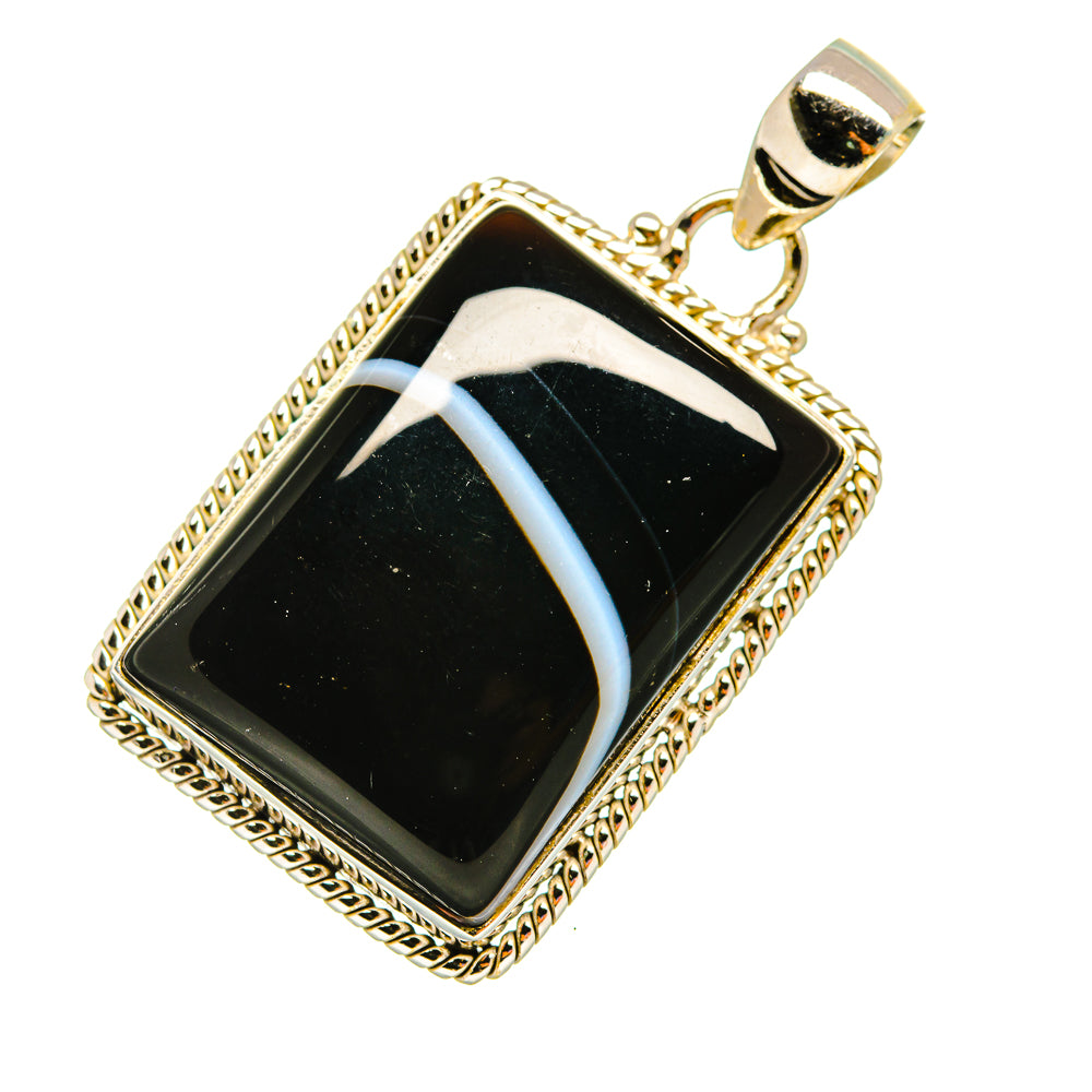 Black agate pendant with blue streak, ornate rectangular frame and loop bail, silver 925