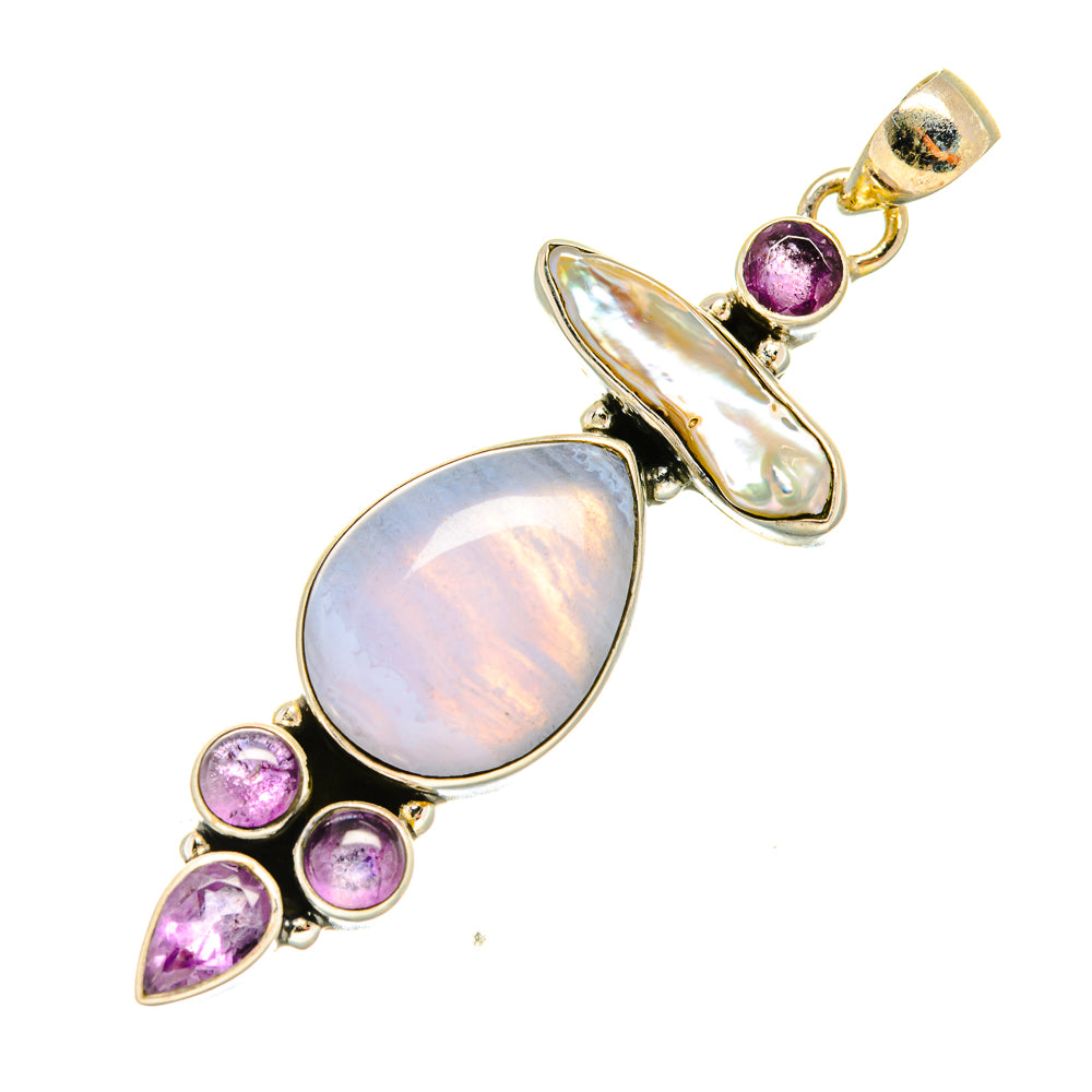 Blue Lace Agate, Mother Of Pearl, Amethyst Pendants handcrafted by Ana Silver Co - PD8018