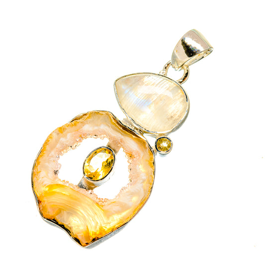 Coconut Geode Druzy, Rainbow Moonstone, Peridot Pendants handcrafted by Ana Silver Co - PD8020