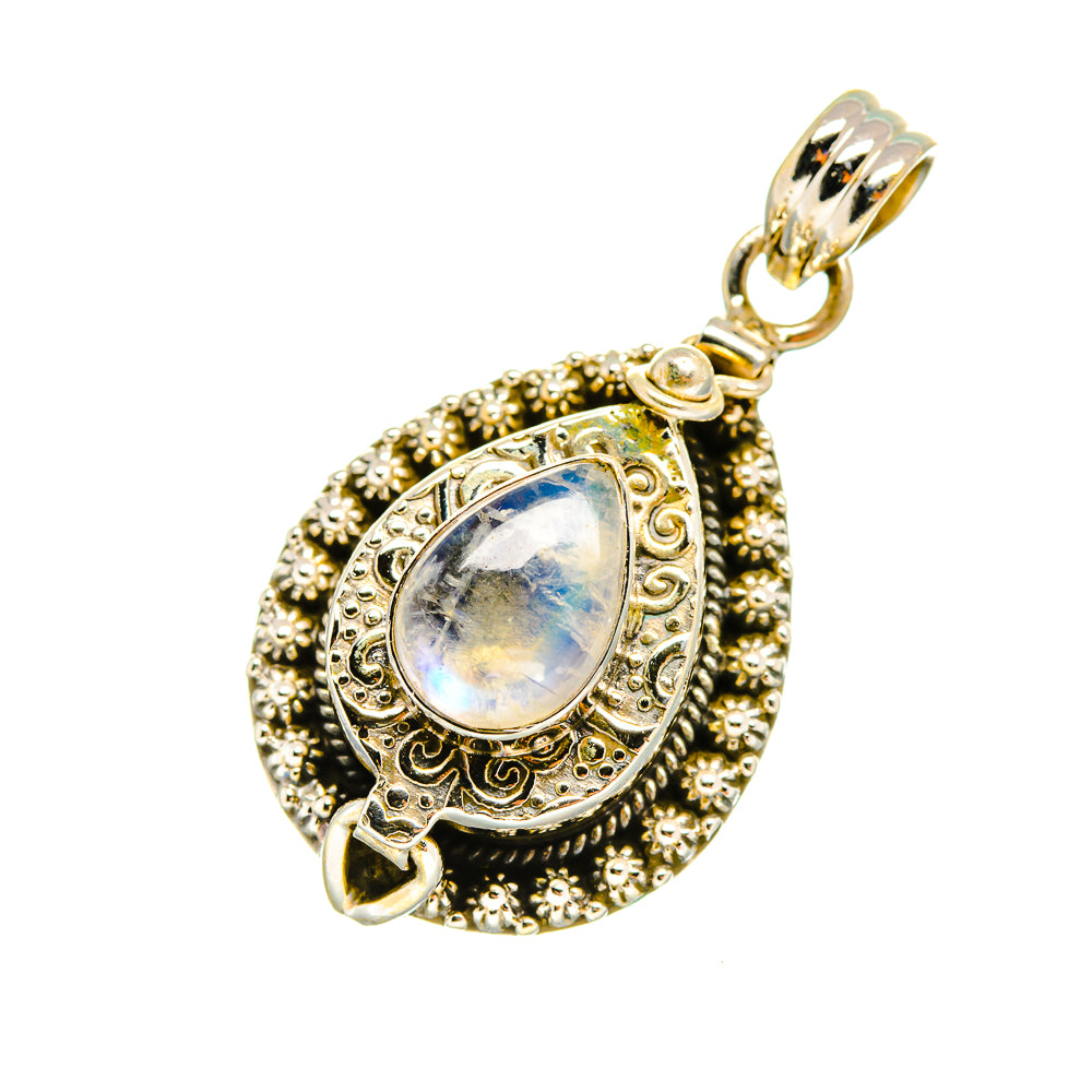 Ornate teardrop moonstone pendant in 925 sterling silver with loop bail and detailed frame