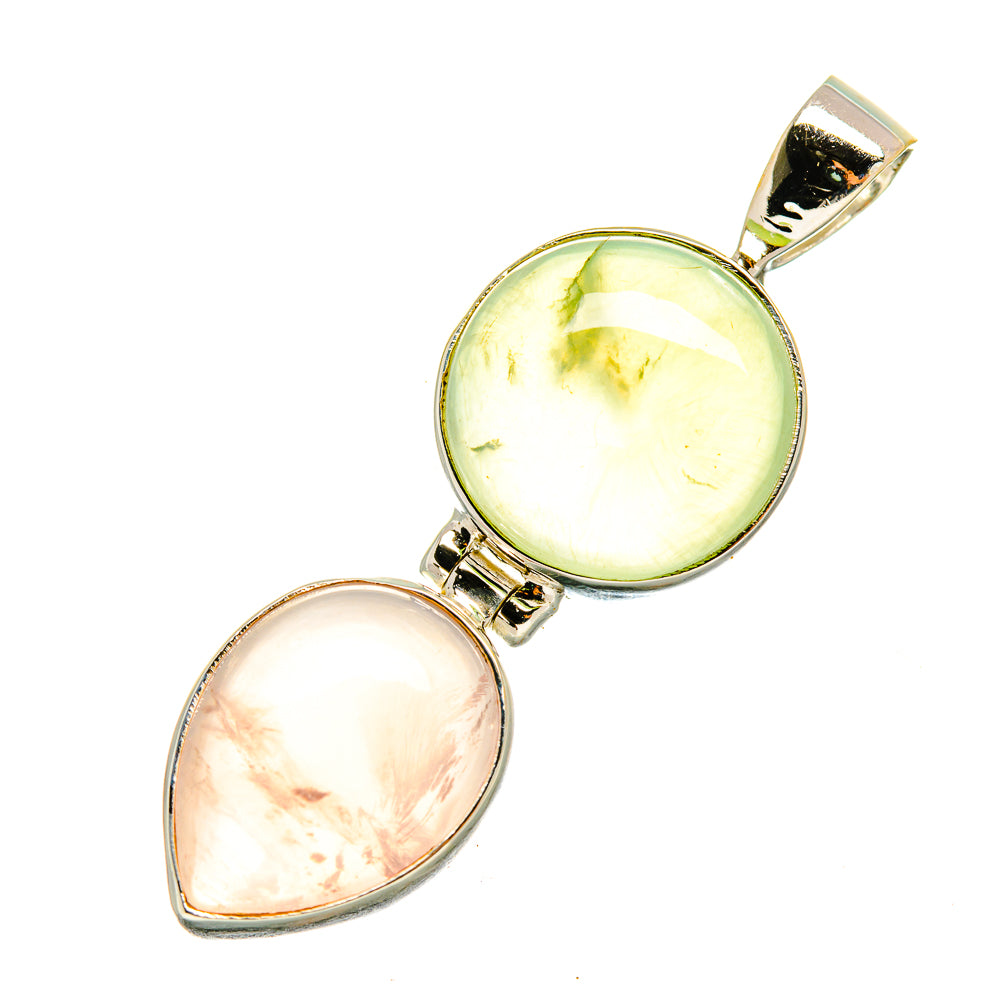 Two cabochon oval pendants: pink rose quartz and green prehnite, 925 sterling silver