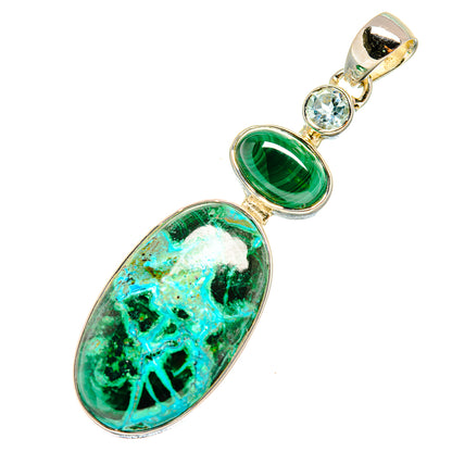 Green oval malachite-chrysocolla pendant with silver bezel and round blue accents