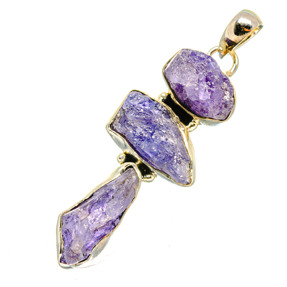 Rough tanzanite pendant with three purple rough stones in gold-tone 925 silver setting