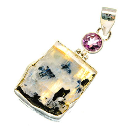 Angled sterling silver pendant with rainbow moonstone rectangle and purple amethyst round stone