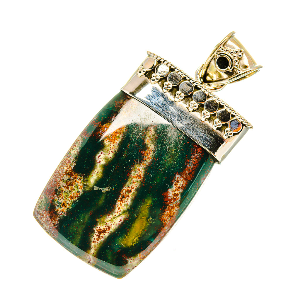 Bloodstone pendant necklace charm, rectangular silver frame with textured top and green cabochon