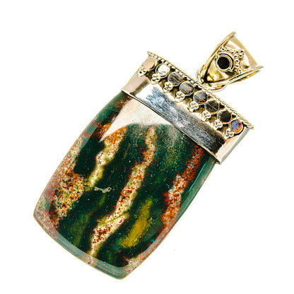 Bloodstone pendant necklace charm, rectangular silver frame with textured top and green cabochon