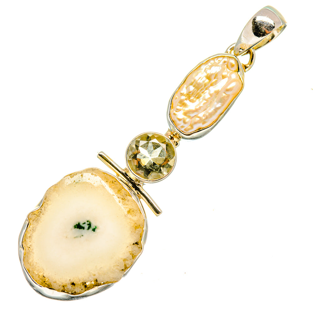 White Solar Quartz, Mother Of Pearl, Peridot Pendants handcrafted by Ana Silver Co - PD8156