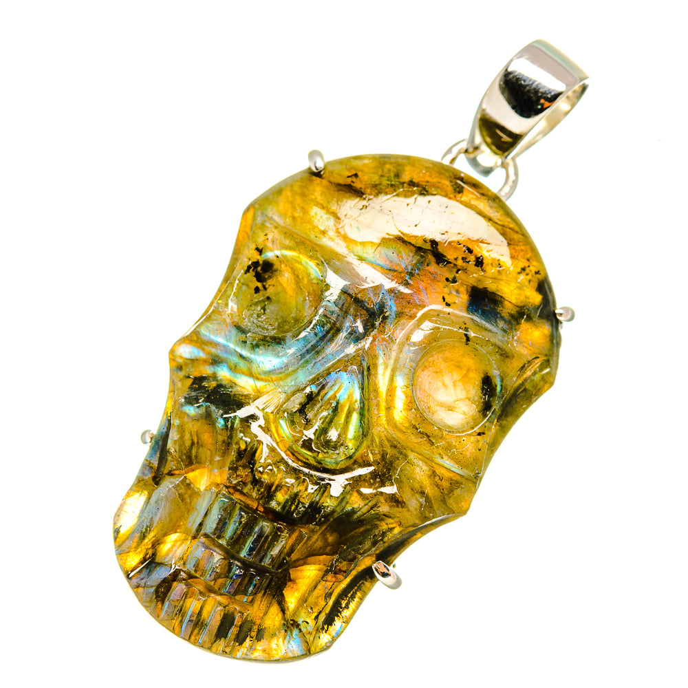Labradorite skull pendant, yellow with blue iridescent swirls, sterling silver bail