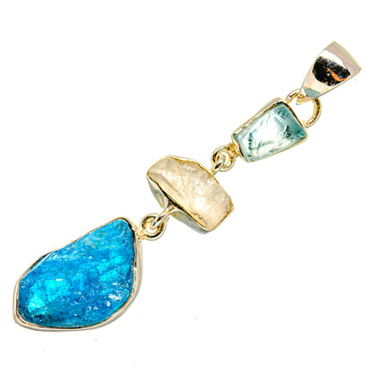 Gemstone pendant with blue teardrop, pale green stone, and textured square link chain