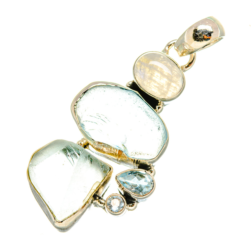 Rough aquamarine pendant with blue topaz and small round stones, 925 silver