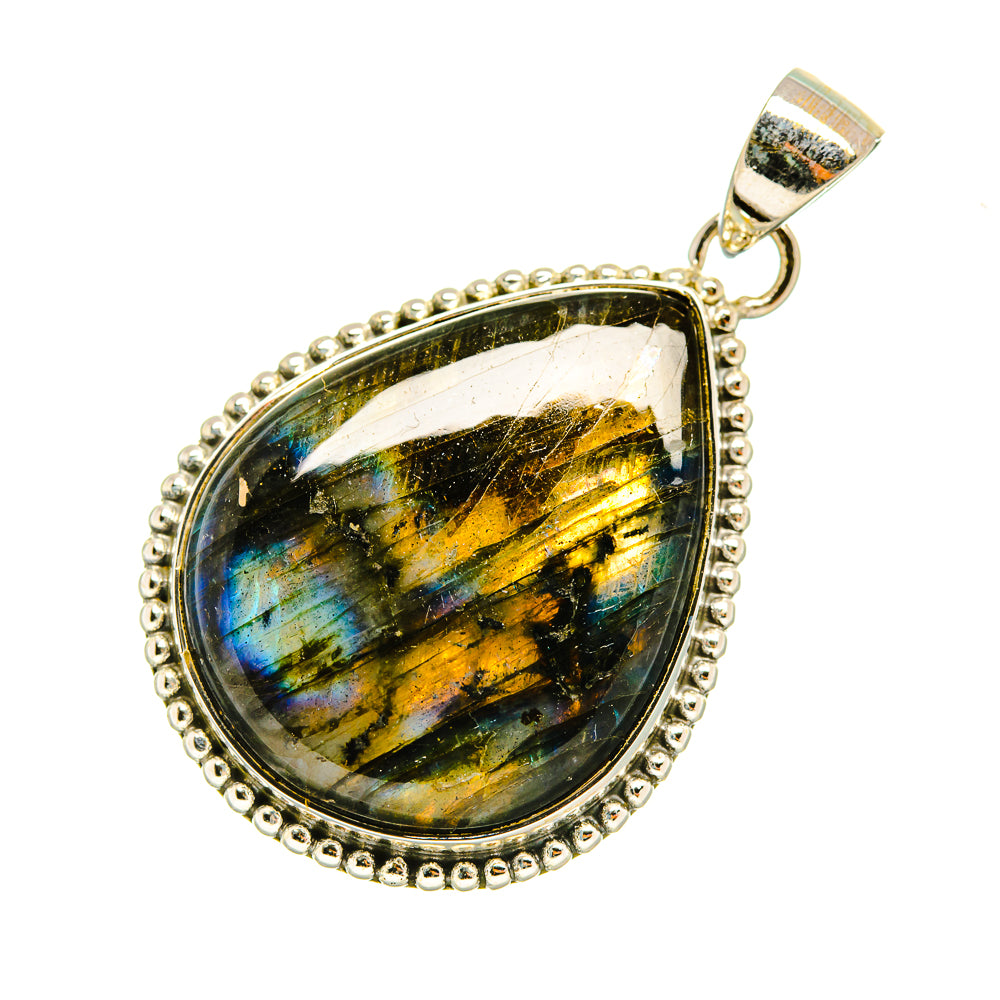 Labradorite pendant pear shape with blue, gold flashes and sterling silver beaded frame