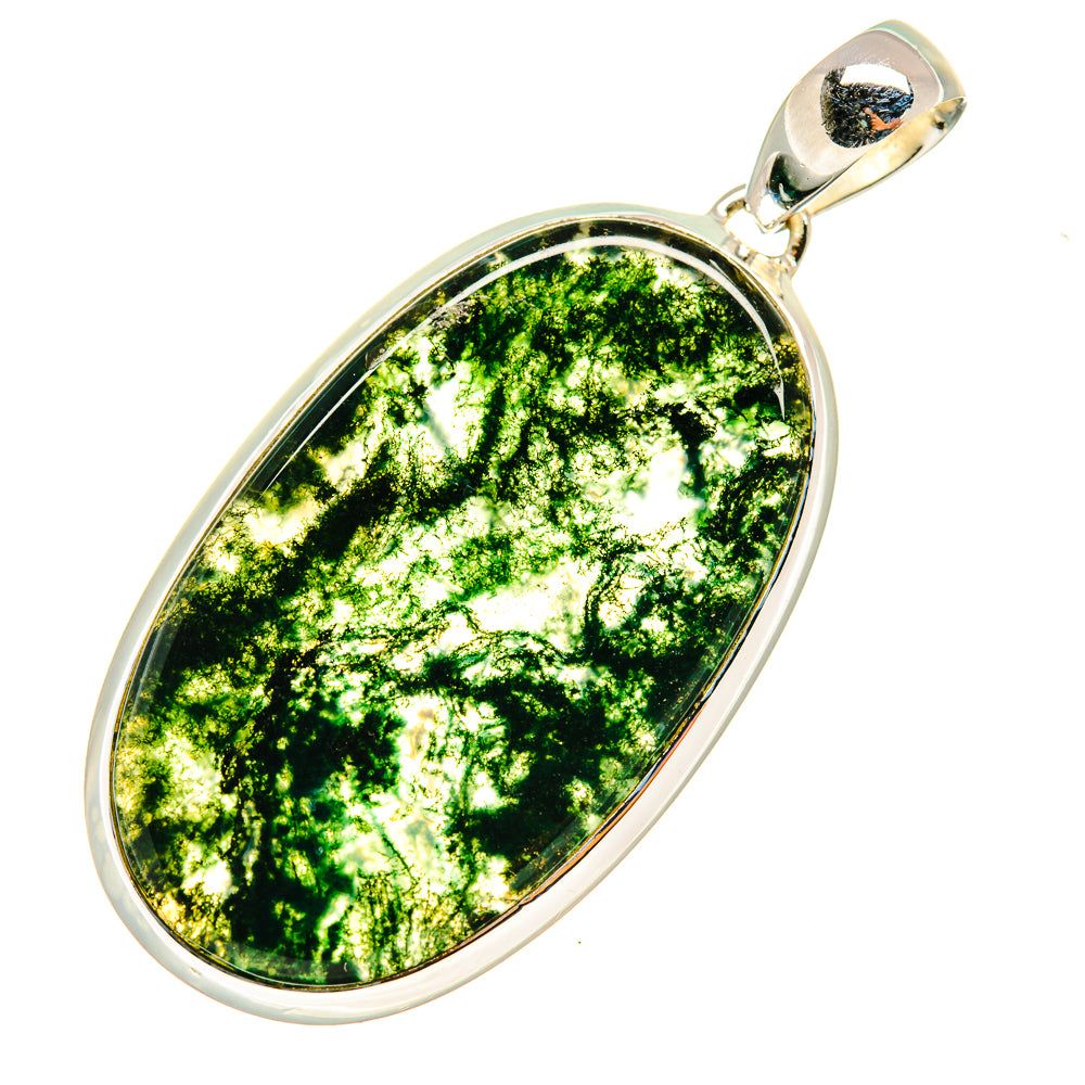 Oval green moss agate pendant with polished 925 sterling silver bezel and top bail
