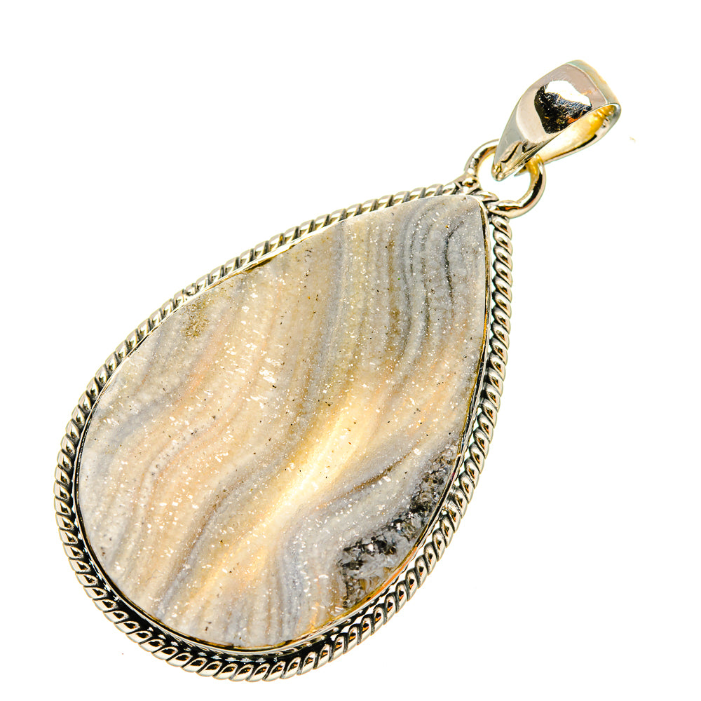 Teardrop drusy pendant with textured silver border and gray, flecked stone, bail.