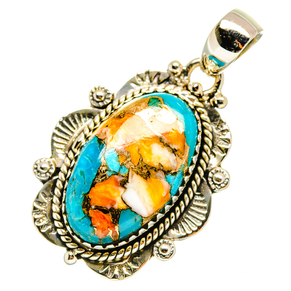 Turquoise gemstone pendant with blue cabochon and orange matrix, silver-tone frame