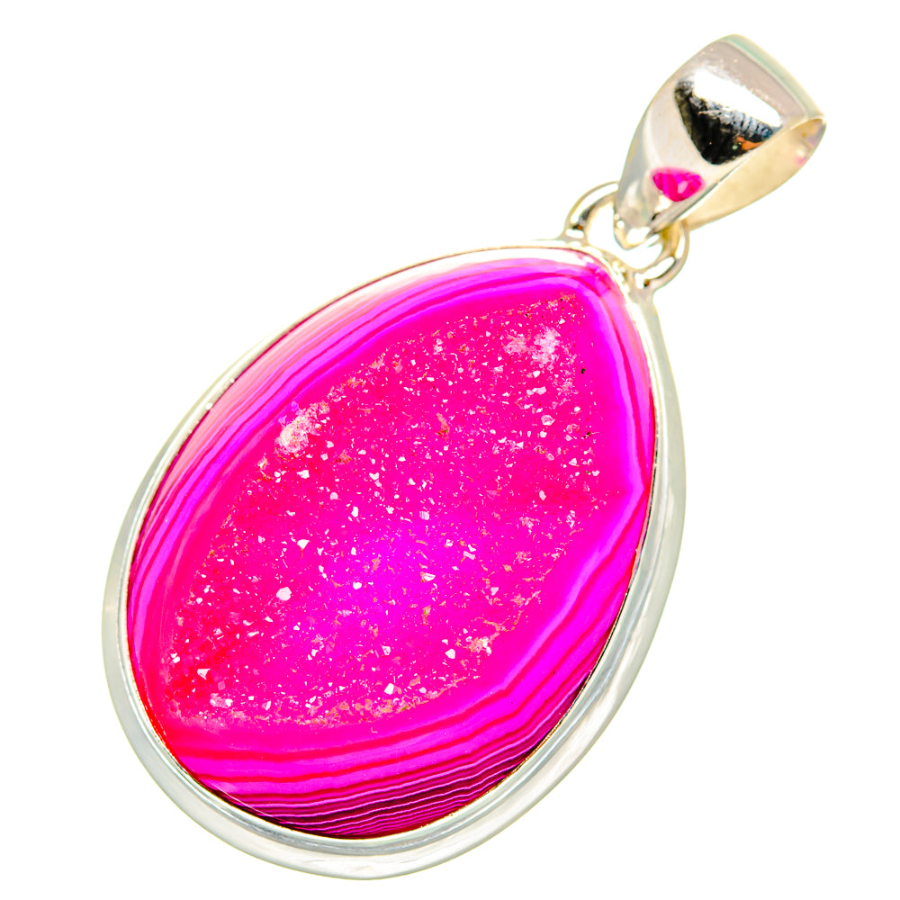 Pink agate drusy pendant with silver bezel and bail, teardrop