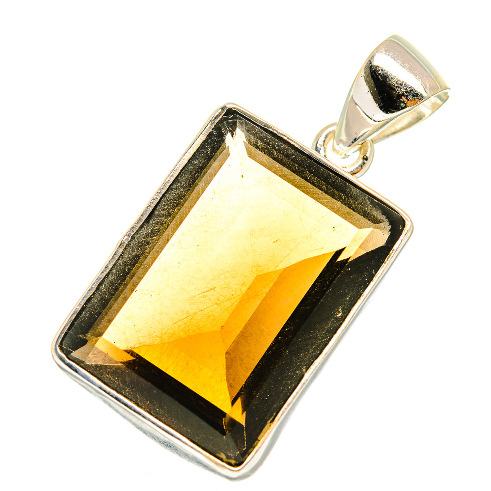 Smoky quartz pendant with rectangular faceted stone in polished 925 sterling silver bezel and bail