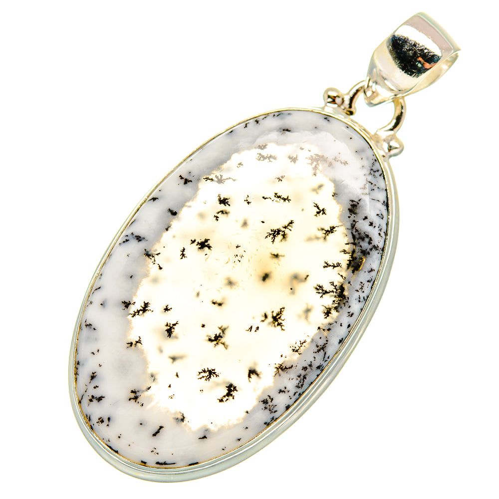 Sterling silver oval dendritic opal pendant with polished bail and bezel