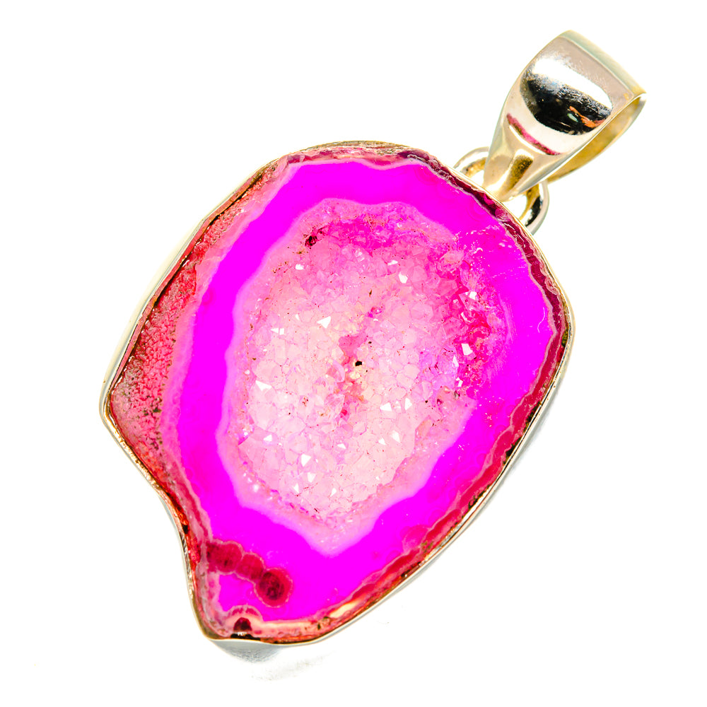 Pink agate druzy pendant with faceted bezel and silver-toned bail, pink geode center