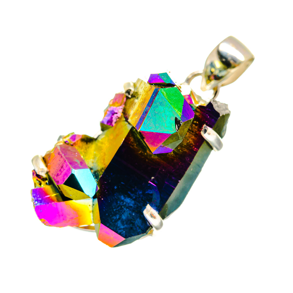 Sterling silver druzy pendant featuring rainbow crystal center and side prongs