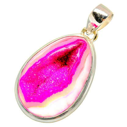 Pink druzy agate teardrop pendant with 925 sterling silver bezel and bail