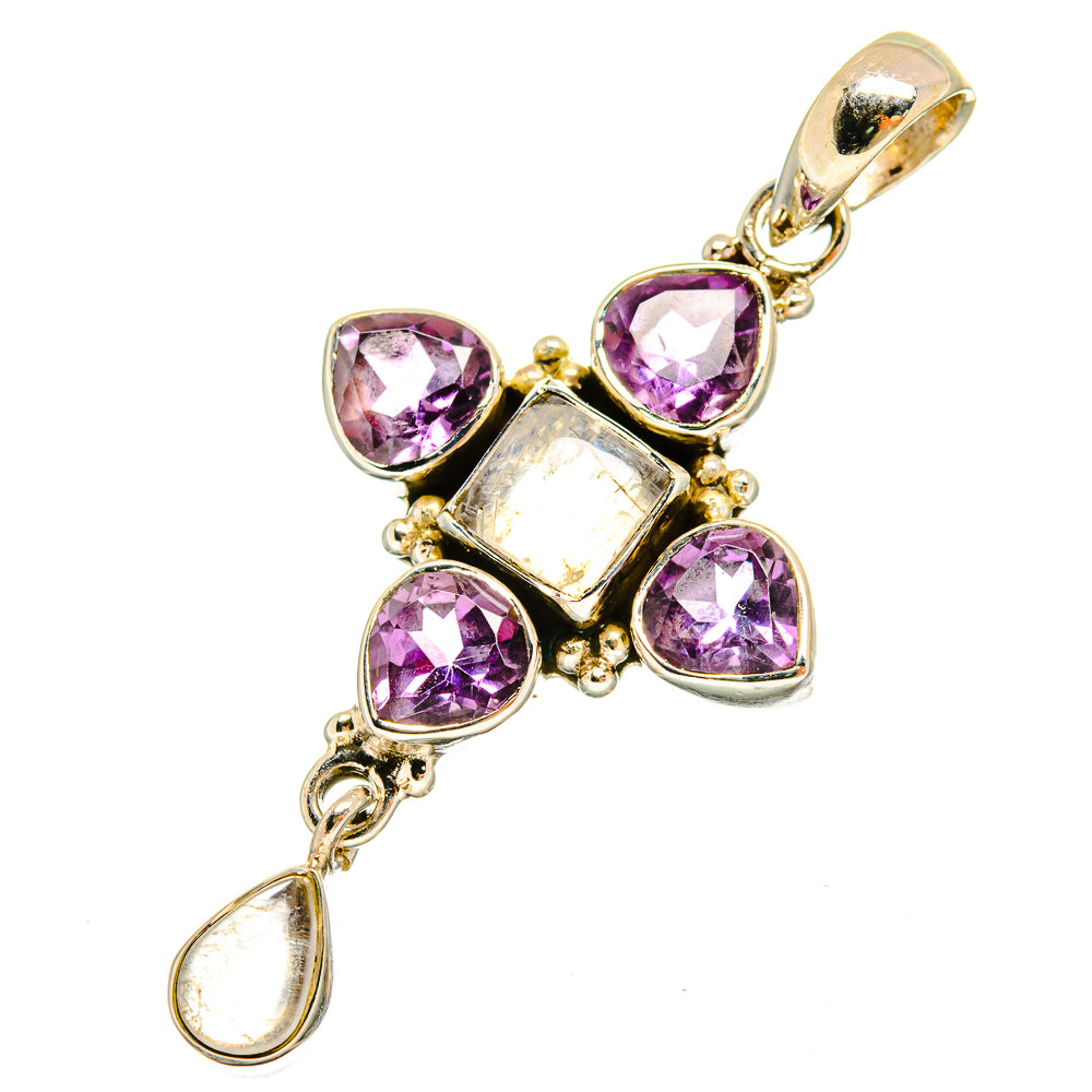 Amethyst and moonstone pendant in gold-tone sterling silver setting with oval drop charm
