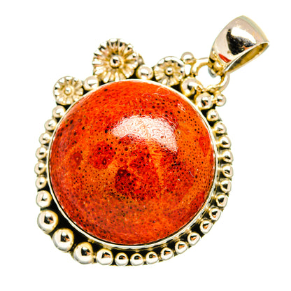 Coral orange round pendant with 925 sterling silver filigree frame and bail