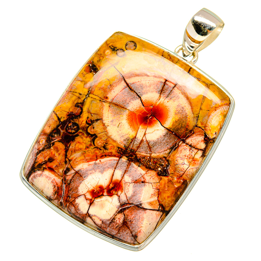 Square silver-framed jasper pendant with round bail; orange, brown, and cream cabochon