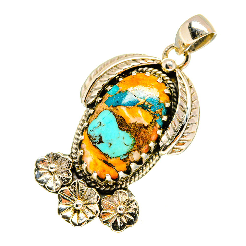 Turquoise and orange stone pendant in 925 sterling silver with decorative flower bail