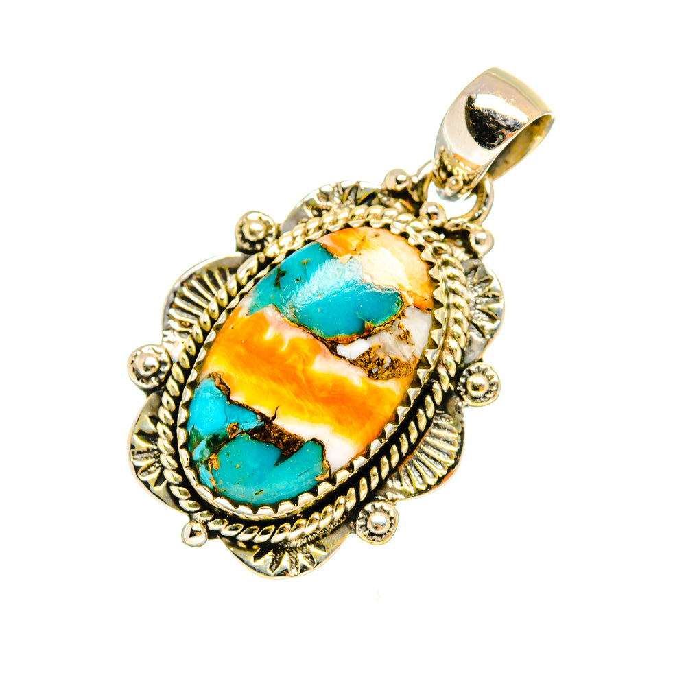 Sterling silver spiny oyster turquoise pendant with orange shell inlay and ornate border