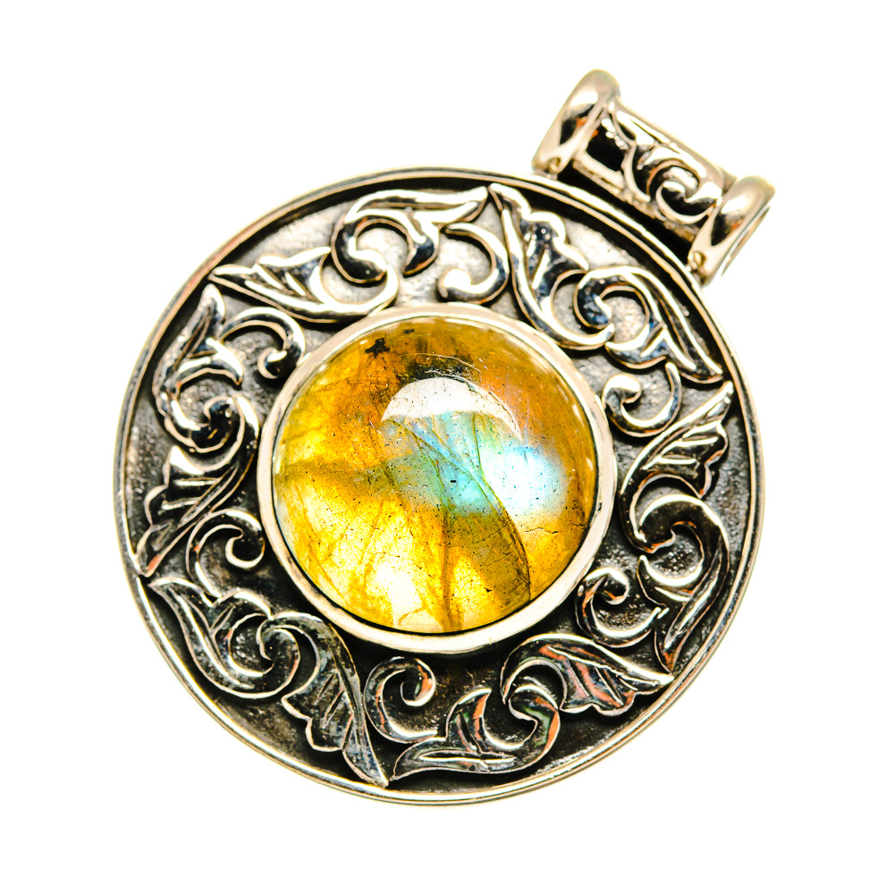 Labradorite pendant with round yellow-blue stone and ornate silver-tone bezel bail